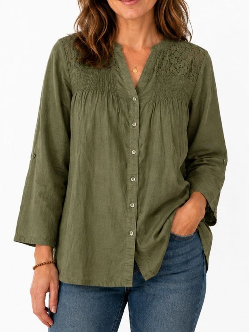 Coldwater Creek 16 XL Olive Green Button Front Lace Front Yoke Gathered Top